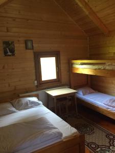 帕迪斯Popas Turistic Padis的配有窗户的小木屋内的两张床