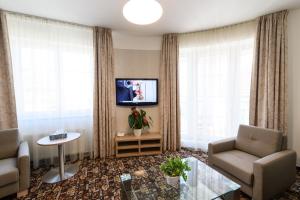 若托维斯运动酒店的客厅配有沙发、椅子和电视