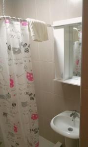 索科矿泉村Studio Isakovic Centar的一间带水槽和淋浴帘的浴室