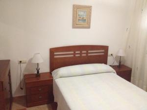 卡沃内拉斯Apartamentos Sol Andaluz的一间卧室配有一张床、两个床头柜和两盏灯。
