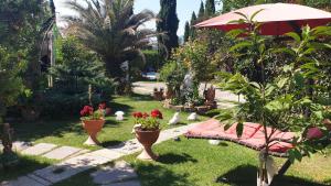 蒙特卡蒂尼泰尔梅伊尔西普莱索加罗公寓的花园,花园内种有花盆和雨伞