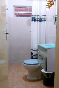 卡纳内亚Pousada Via Maria的一间带卫生间和淋浴帘的浴室