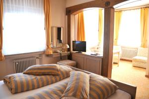 温特贝格Hotel Niedersfeld-Winterberg的酒店客房设有两张床和电视。