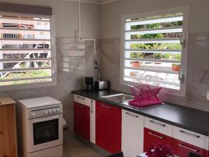 德赛Bikamado的厨房配有红色和白色的橱柜和水槽