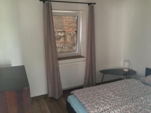 洛乌尼Apartmán Židovice的一间卧室设有一张床、一个窗口和一张桌子