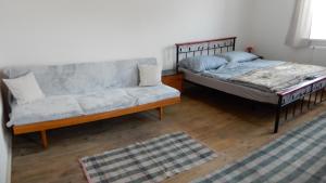 卢奇基Chalupa u Beňov的一间带两张床和一张沙发的客厅