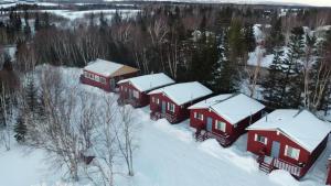 CormackLush's Cottages的雪中一组红色小屋