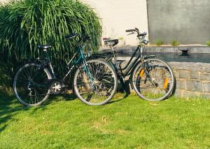 普罗丰德维耶拉鲁勒住宿加早餐酒店的两辆自行车停在草地上,彼此相邻