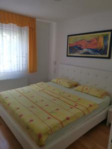 普莱曼图拉Apartma Sonček的卧室内的一张大床,墙上有绘画作品