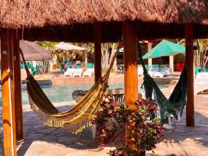 卡达斯诺瓦斯Rio das Pedras Thermas Hotel的一个带游泳池的度假村内的吊床