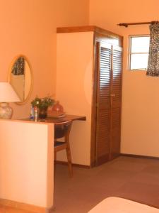 Corona科罗纳旅客农家乐的客房设有书桌和带镜子的桌子