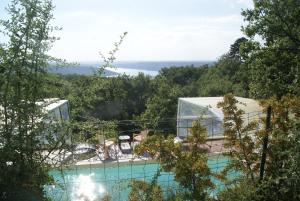 艾吉纳勒波斯奎特酒店的享有树木游泳池的景色