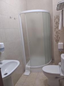 敖德萨12个月迷你酒​​店的带淋浴、卫生间和盥洗盆的浴室