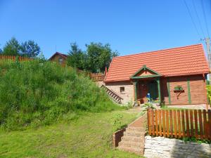 HartowiecDom Letniskowy Ostaszewo的山丘上一座带红色屋顶的小房子