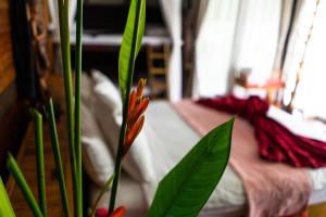杭东水稻谷仓和客房酒店的花在床前的花瓶里