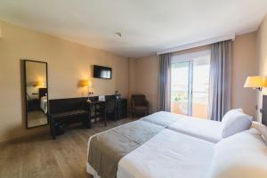 洛斯阿尔卡萨雷斯克里斯蒂娜酒店的配有一张床、一张书桌和一扇窗户的酒店客房