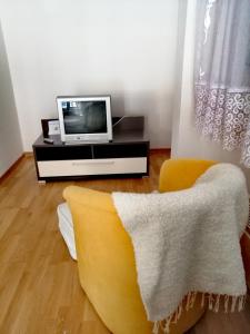 索科矿泉村Apatman Sergej的客厅配有电视和黄色沙发。