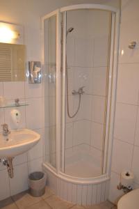 萨尔茨堡PLAZA INN Salzburg City的带淋浴和盥洗盆的浴室