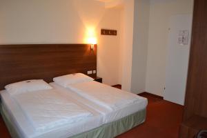 萨尔茨堡PLAZA INN Salzburg City的一间卧室设有两张床和木制床头板