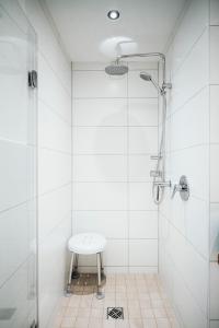 特劳恩施泰因Ferienwohnung Stadtplatz 25的带淋浴和盥洗盆的白色浴室