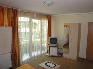 布拉索夫苏瑞宾馆的客厅配有电视和滑动玻璃门