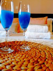 阿莫利亚尼岛Pension Anastasia的两杯蓝葡萄酒坐在桌子上