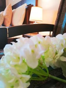 阿莫利亚尼岛Pension Anastasia的坐在桌子上的白花花瓶