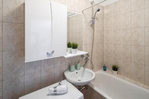 里加Riga Old Town Souvenir Apartment的浴室设有水槽、浴缸和镜子