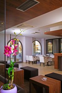 波斯蒂拉利帕酒店的配有桌椅的房间和花瓶,花朵粉红色