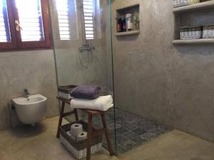 圣弗朗西斯科哈维尔Ca n'Antonia Formentera的带淋浴、卫生间和盥洗盆的浴室