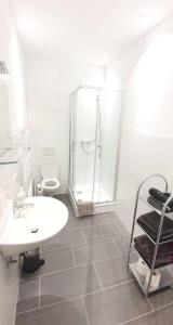 特里贝格H-Apartment 1的带淋浴和盥洗盆的白色浴室