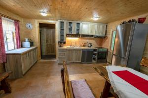 赫任斯科Chalupa 47的厨房配有木制橱柜和不锈钢冰箱。