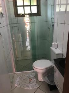 圣安东尼奥-杜皮尼亚尔Chalé da Lu的一间带卫生间和玻璃淋浴间的浴室