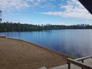 库奥皮奥Camping Atrain的享有背景树木的湖泊美景