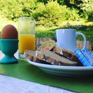莱鲁斯Village Vacances Le Grépillon的一块烤面包片,一个鸡蛋和一杯橙汁