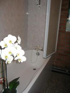 Hellemmes-Lille亚当酒店的浴缸、带白色花卉的淋浴