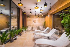 帕维尔巴尼亚Hotel Sevtopolis Medical & SPA的一间设有白色椅子和植物的等候室