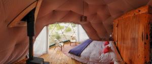 厄尔查尔坦巴塔哥尼亚生态圆顶豪华帐篷的一间带一张床铺的卧室,位于带大窗户的房间内