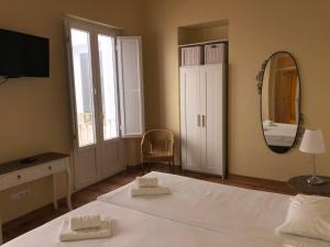 塞维利亚圣维森特生活公寓的一间卧室配有一张大床和镜子