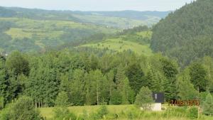 GrywałdDomek na Przylasku的享有树木林立的山谷和山脉的美景