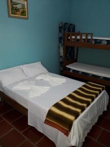 伊利亚孔普里达Associação Sabesp Ilha Comprida的一间卧室配有一张床,床上有条纹毯子