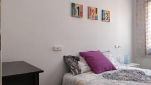 马尔格莱特德玛Apartamento centro y Playa Costa Brava y Barcelona的一间卧室配有一张带紫色枕头的床