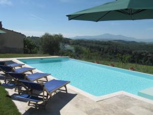 圣焦万尼达索Casale Le Borghe - Montalcino,Toscana的一个带椅子和遮阳伞的游泳池