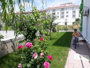 EsenbogaDr Aslan Apart Hotel的一个小男孩骑着一辆自行车在院子里骑着粉红色的玫瑰