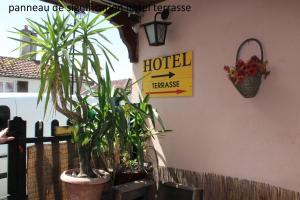 代地区蒙蒂耶Hôtel le Dervois的几株盆栽植物坐在酒店标志旁