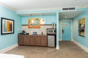 鸽子谷玛格丽塔岛酒店的厨房设有蓝色的墙壁和炉灶烤箱。
