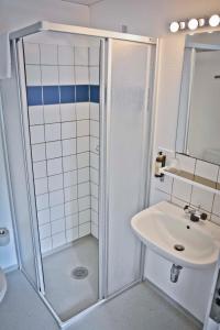 伦德卡洛维格中心酒店的带淋浴和盥洗盆的浴室