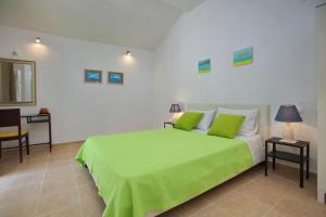 帕诺尔莫斯斯科派洛斯Liogerma Cottage的一间卧室配有一张绿色的床和一张桌子