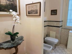 那不勒斯Suite Ottocento napoletano的一间带卫生间和桌子上植物的浴室