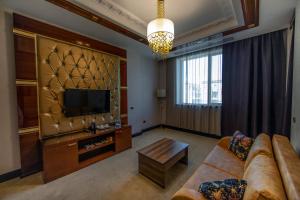巴库蓝宝石大酒店的带沙发和电视的客厅